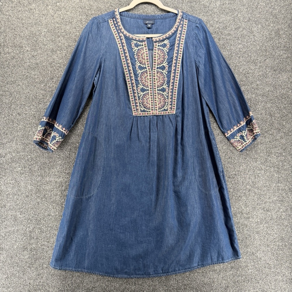 J Jill Dress Womens XS Blue Denim Embroidered Shift Boho Cottagecore Western